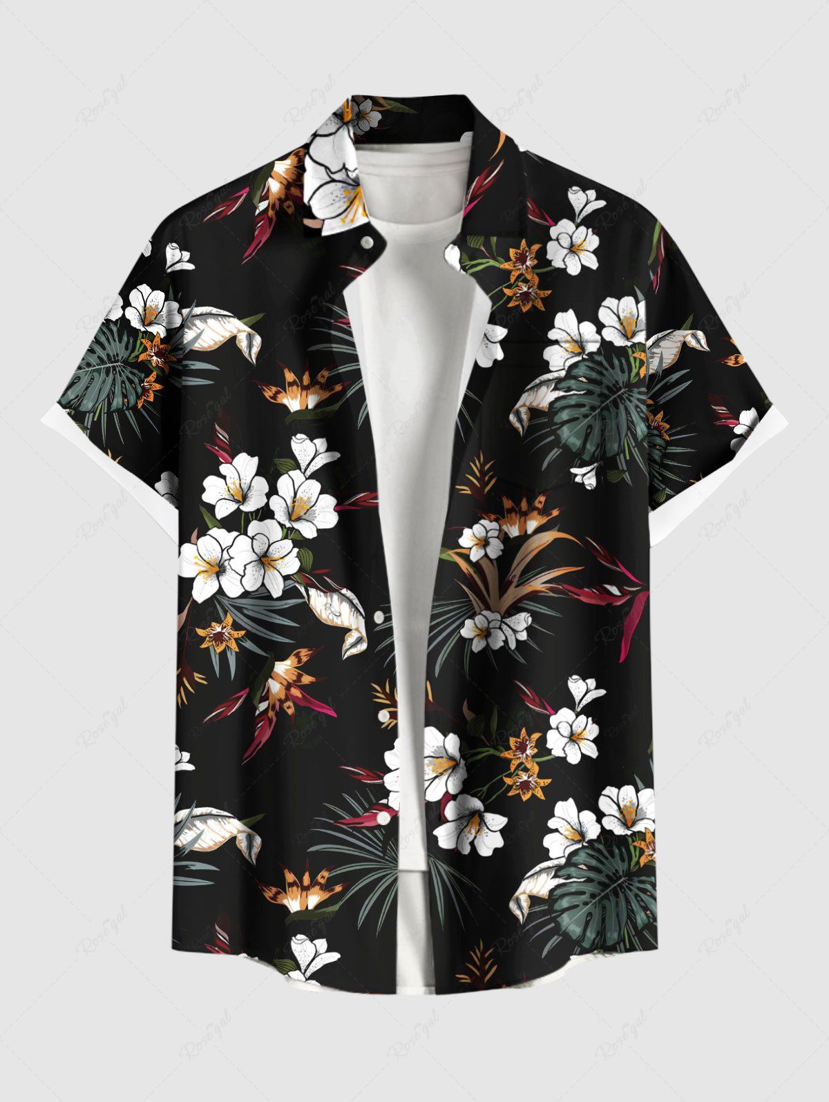Chemise hawaïenne grande taille à imprimé floral et feuilles tropicales pour homme Noir 5XL