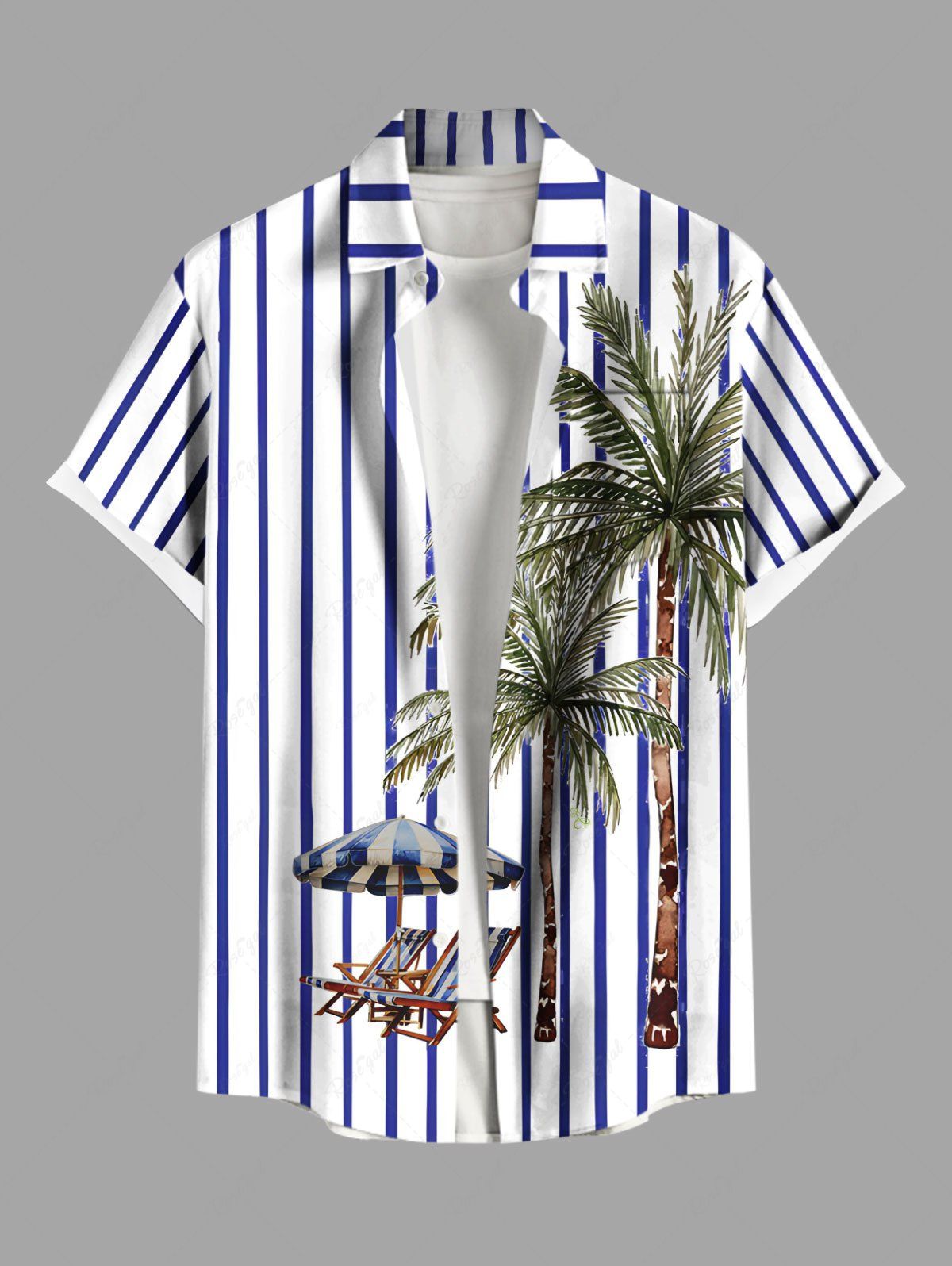 Latest Plus Size Striped Coconut Tree Deck Chairs Parquet Print Hawaii Button Pocket Shirt For Men  