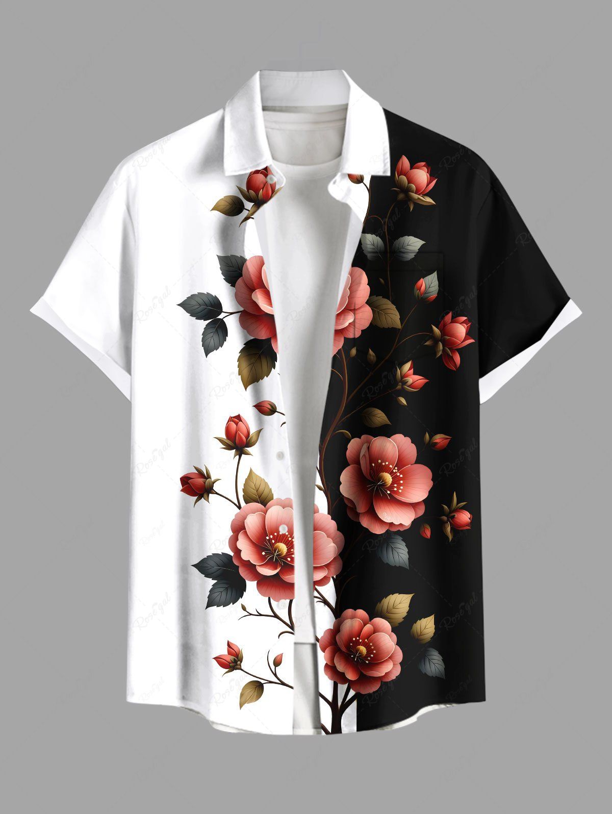 Chemise hawaïenne grande taille à imprimé floral, branches et feuilles contrastées, avec poches boutonnées, pour homme Noir S