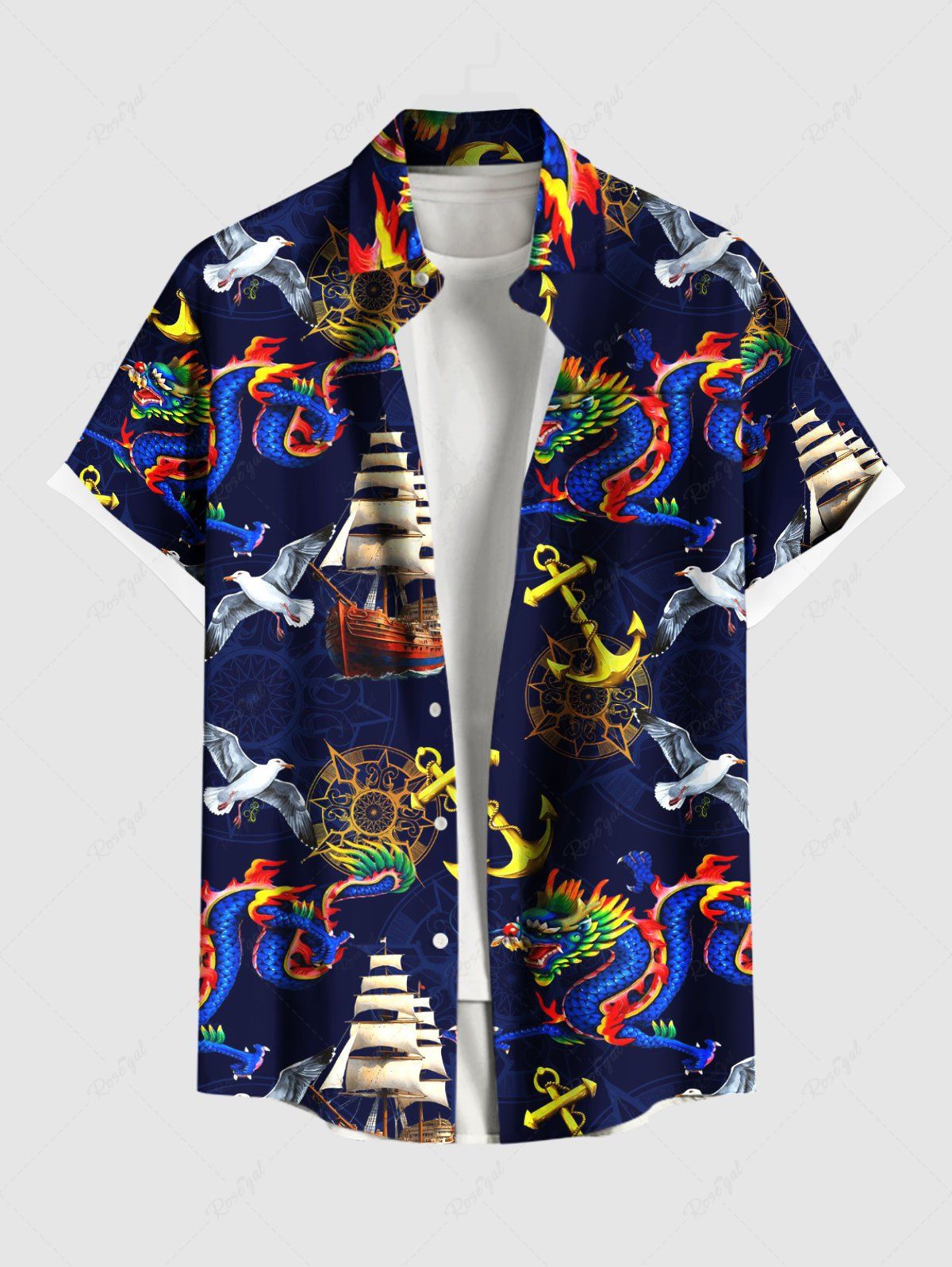 New Plus Size Dragon Anchor Sailboat Bird Print Hawaii Cruise Button Pocket Shirt For Men  