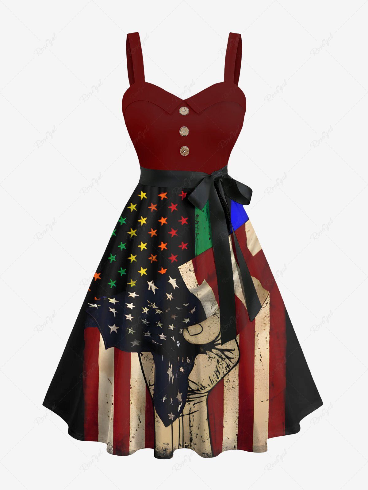 Outfits Plus Size Ink Painting Patriotic American Flag Print Button A Line Tank Dress with Removable Belt  