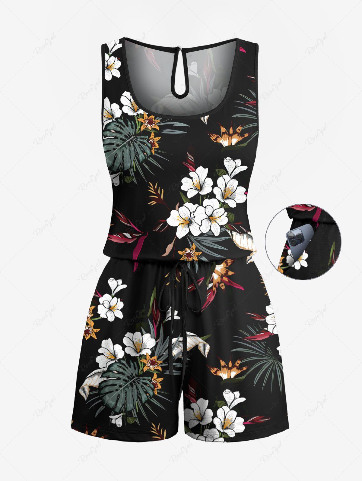 Fashion Plus Size Tropical Leaf Flower Print Hawaii Drawstring Pocket Romper  