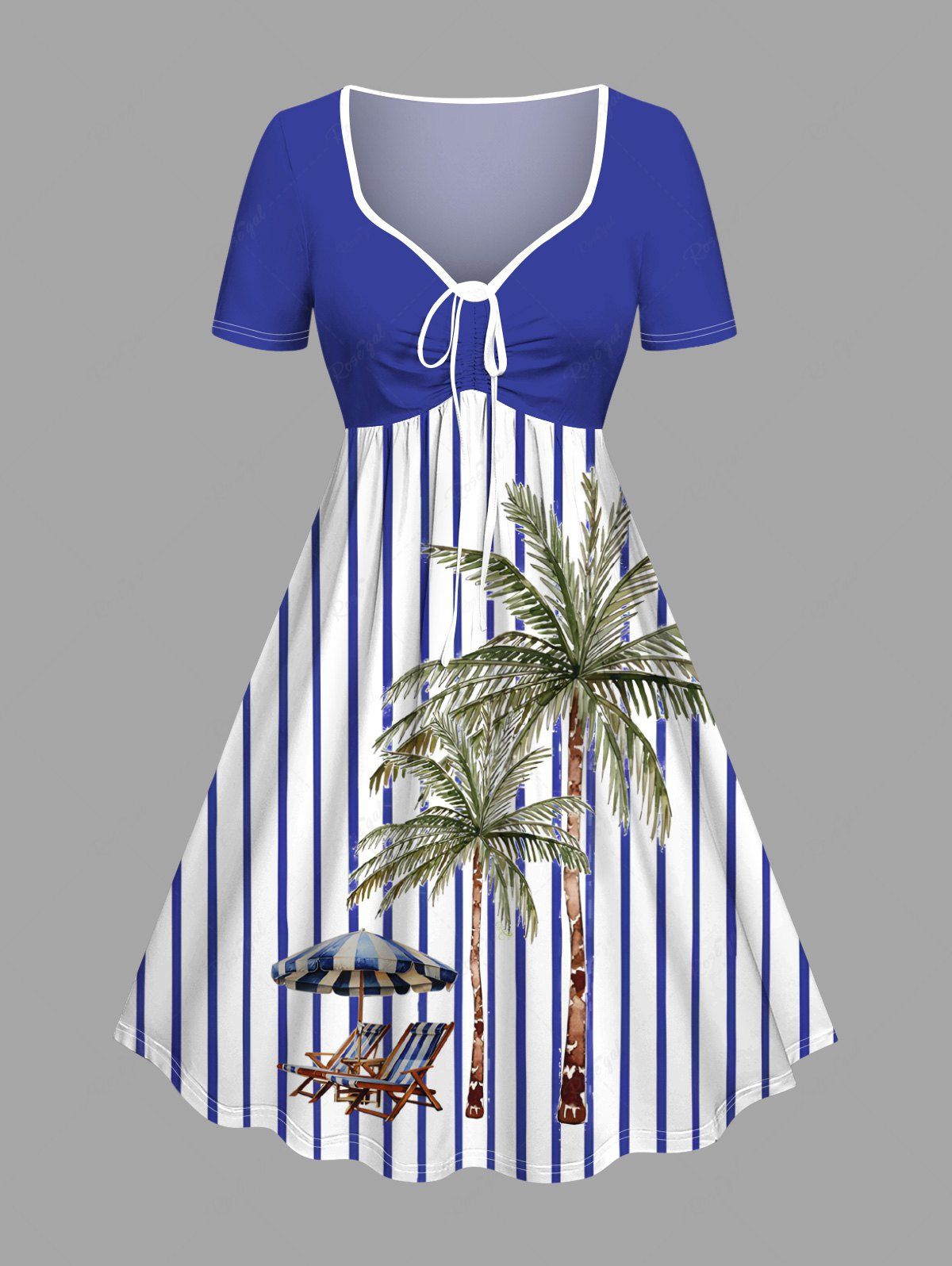 Trendy Plus Size Striped Coconut Tree Deck Chairs Parquet Print Hawaii Cinched A Line Dress  