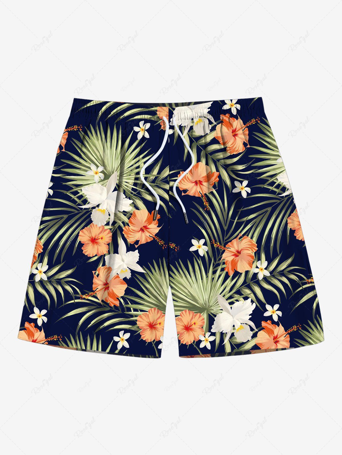 Sale Plus Size Tropical Leaves Hibiscus Floral Print Hawaii Drawstring Beach Shorts For Men  