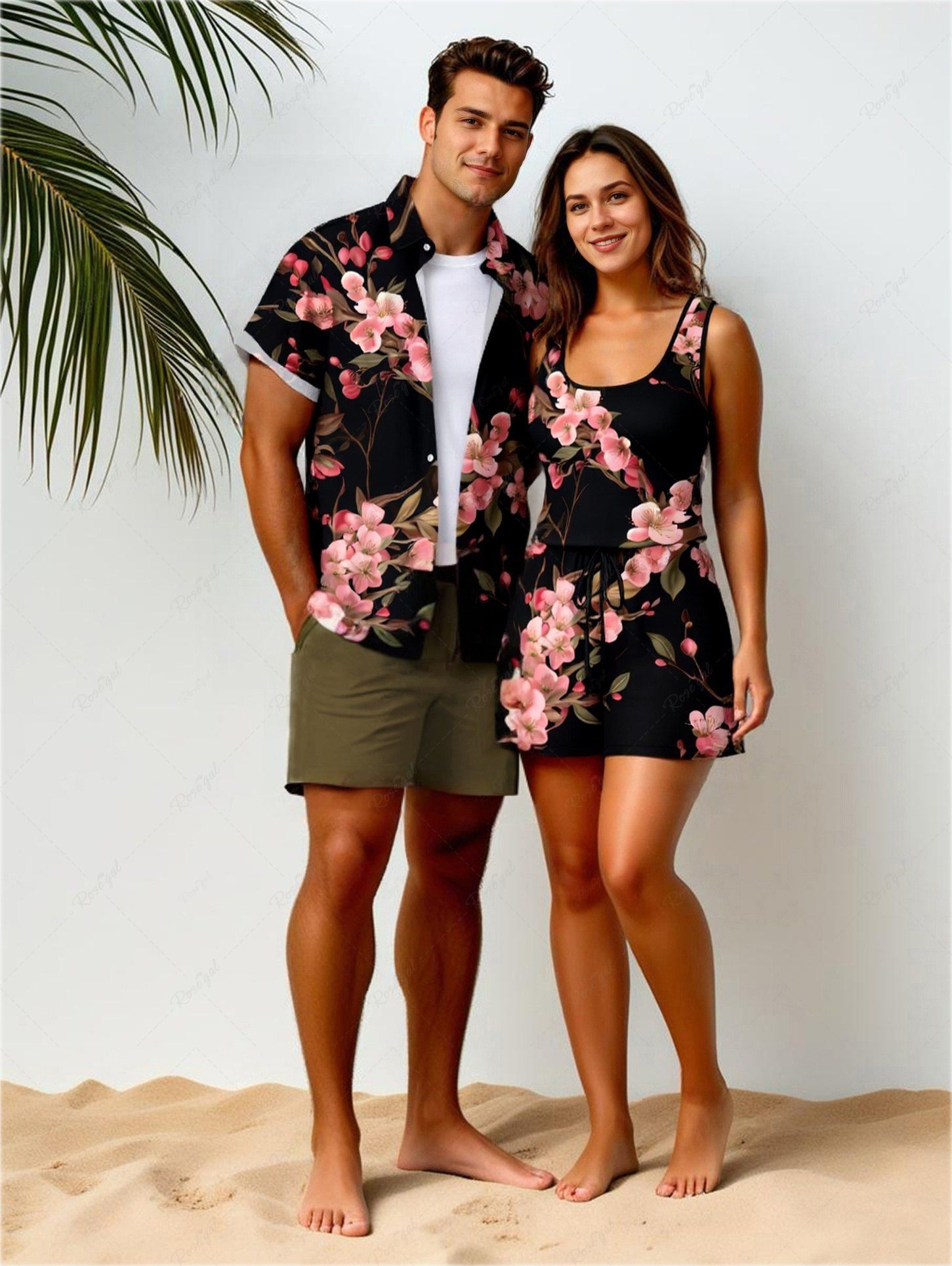 Ensemble chemise et barboteuse hawaïennes assorties, grande taille, imprimé floral ombré, pour couples Noir 