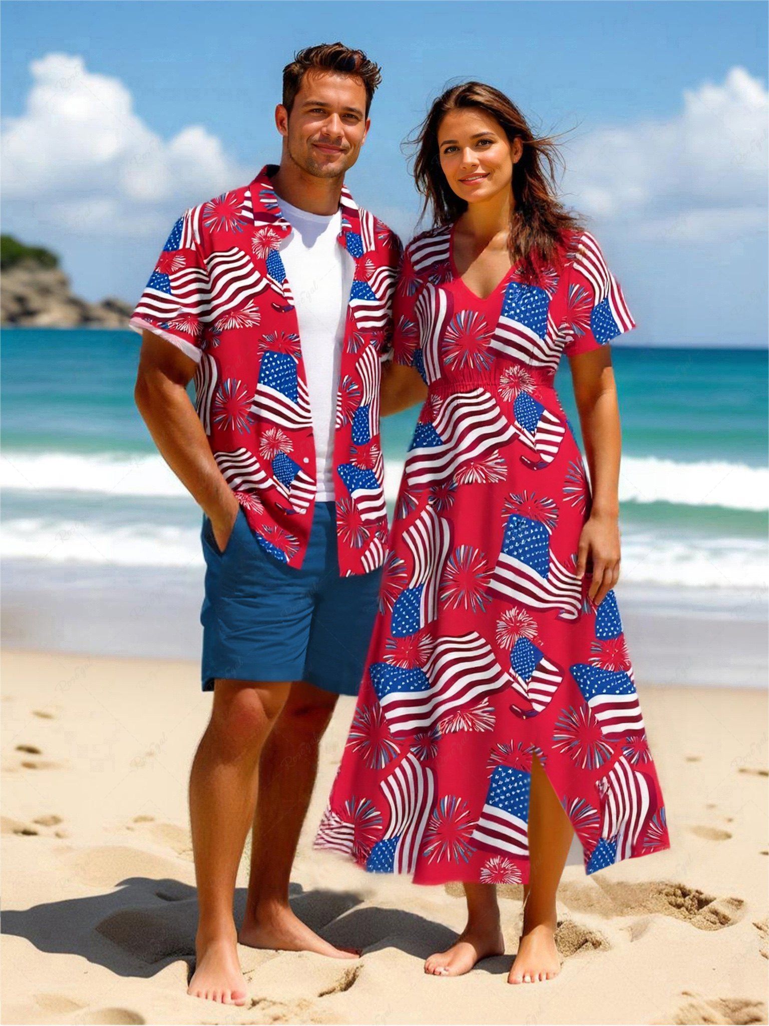 Discount Patriotic American Flag Fireworks Print Plus Size Matching Outfit For Couples  