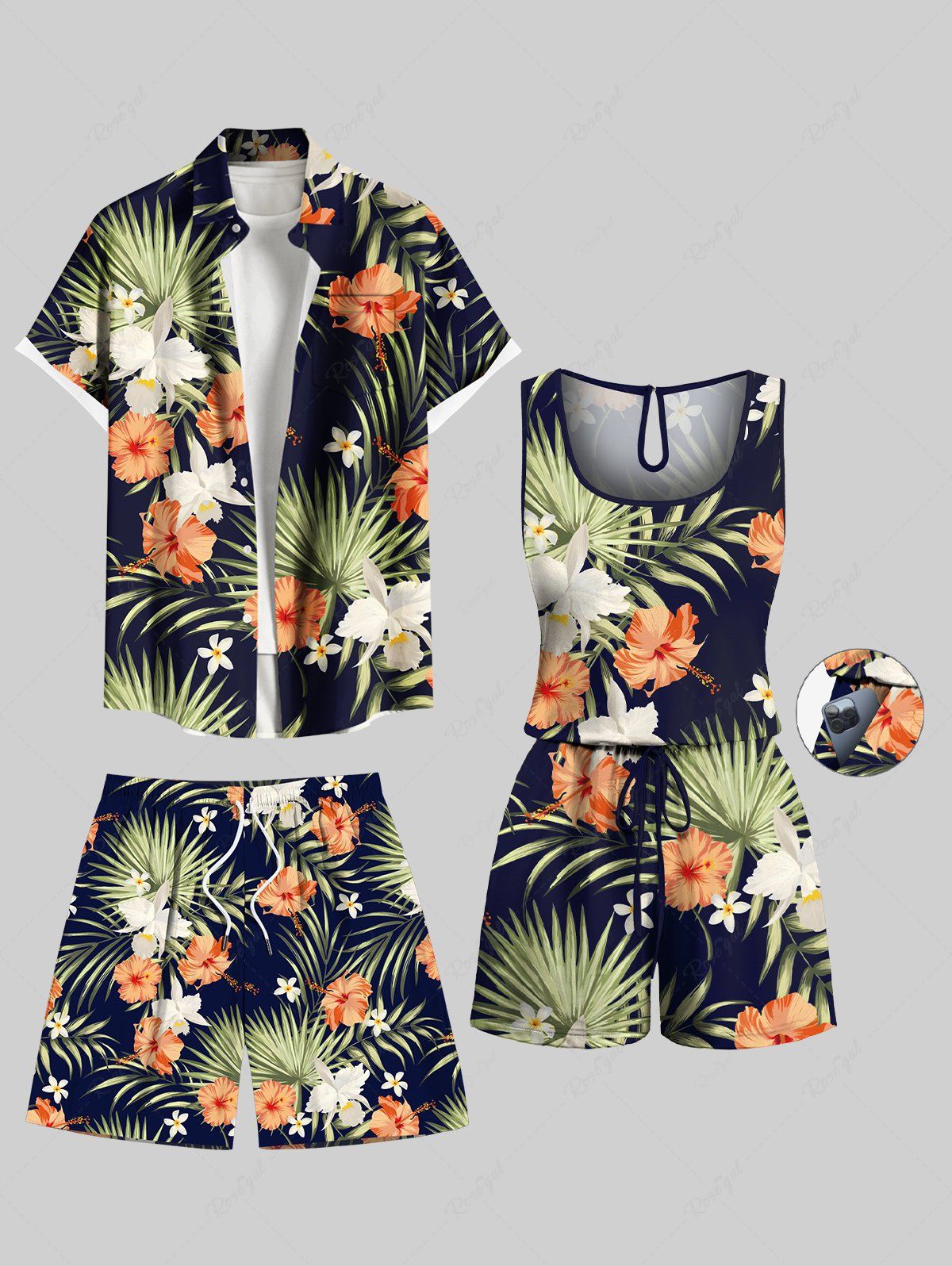 Ensemble chemise hawaïenne, short et barboteuse grande taille, imprimé feuilles tropicales et fleurs d'hibiscus, pour couple Noir 