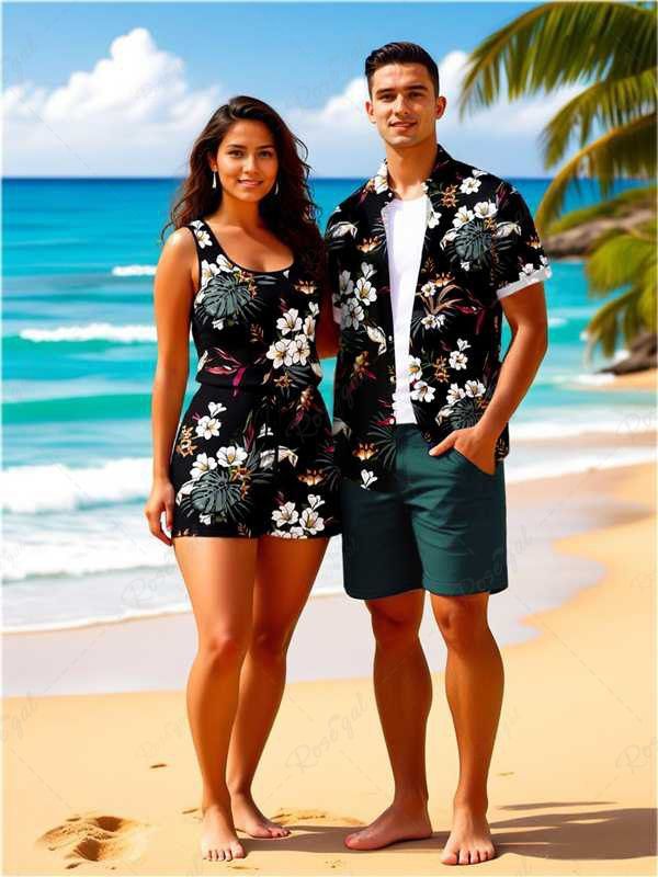 Ensemble chemise et barboteuse hawaïennes assorties, grande taille, tenue de plage à imprimé feuilles tropicales et fleurs pour couples Noir 