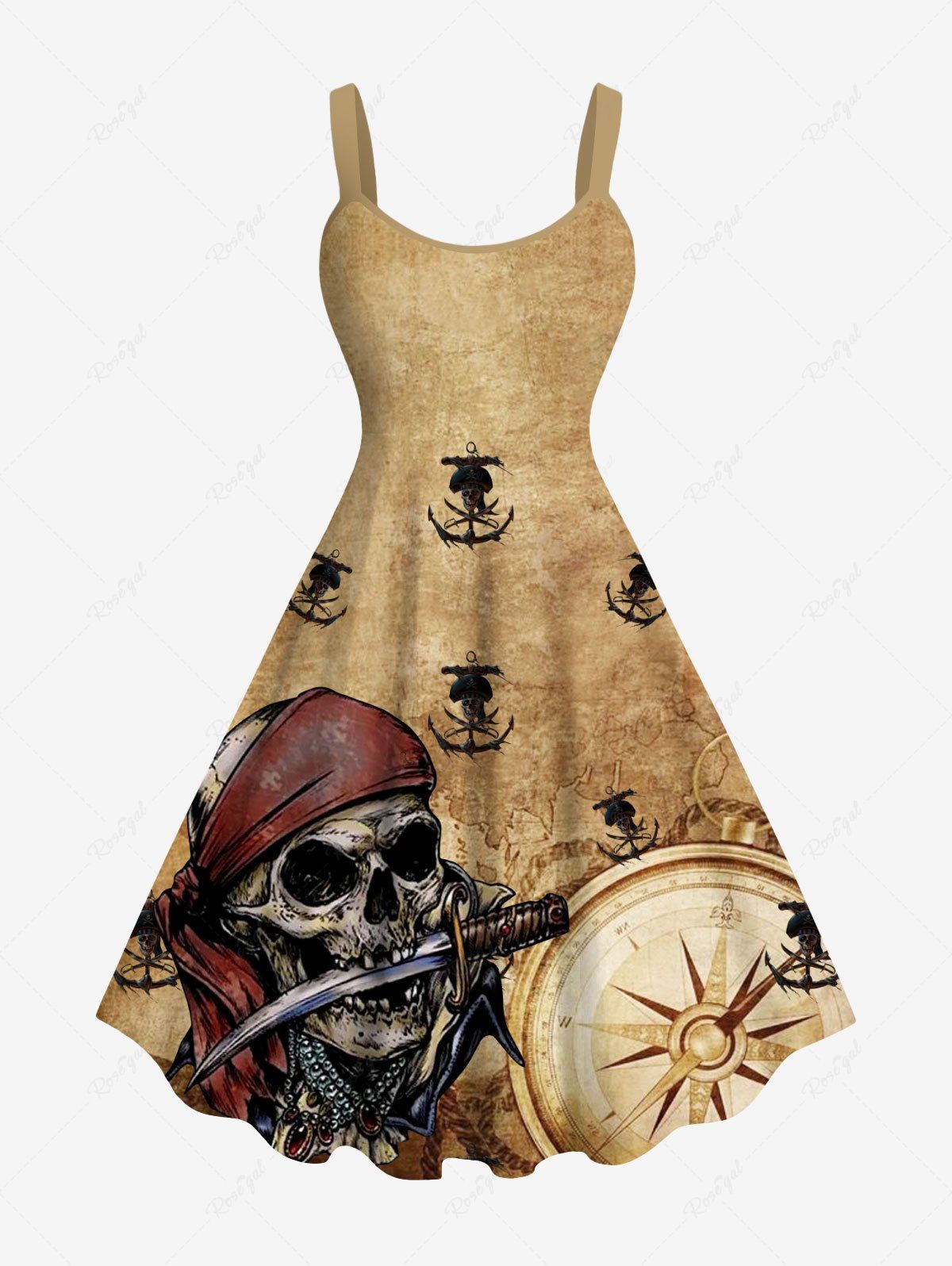 Outfit Plus Size Skull Pirate Ship Rudder Anchor Cruise Print Hawaii Tank Dress  
