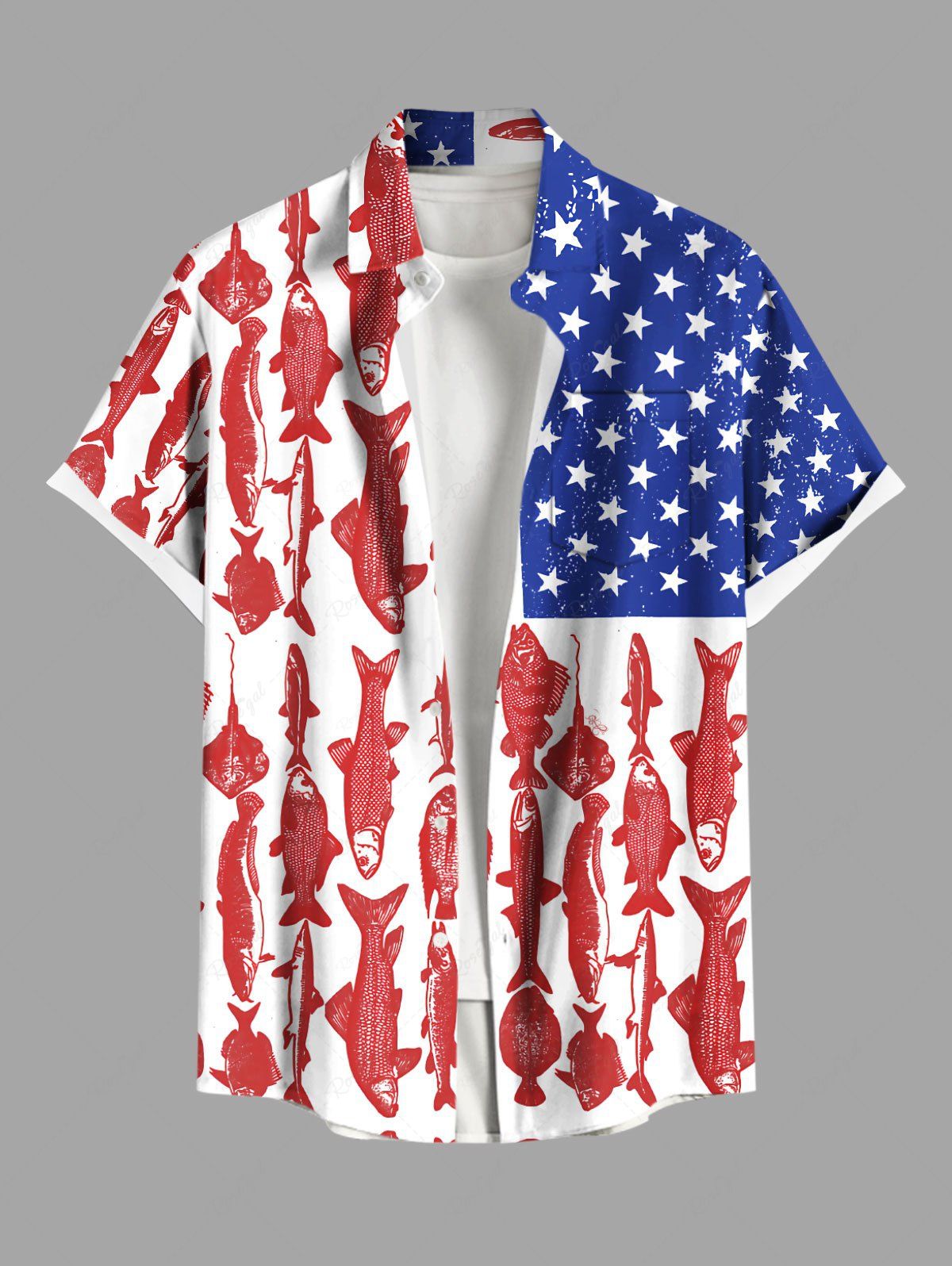 Chemise grande taille à boutons et poches, imprimé drapeau américain patriotique, pour homme Rouge M