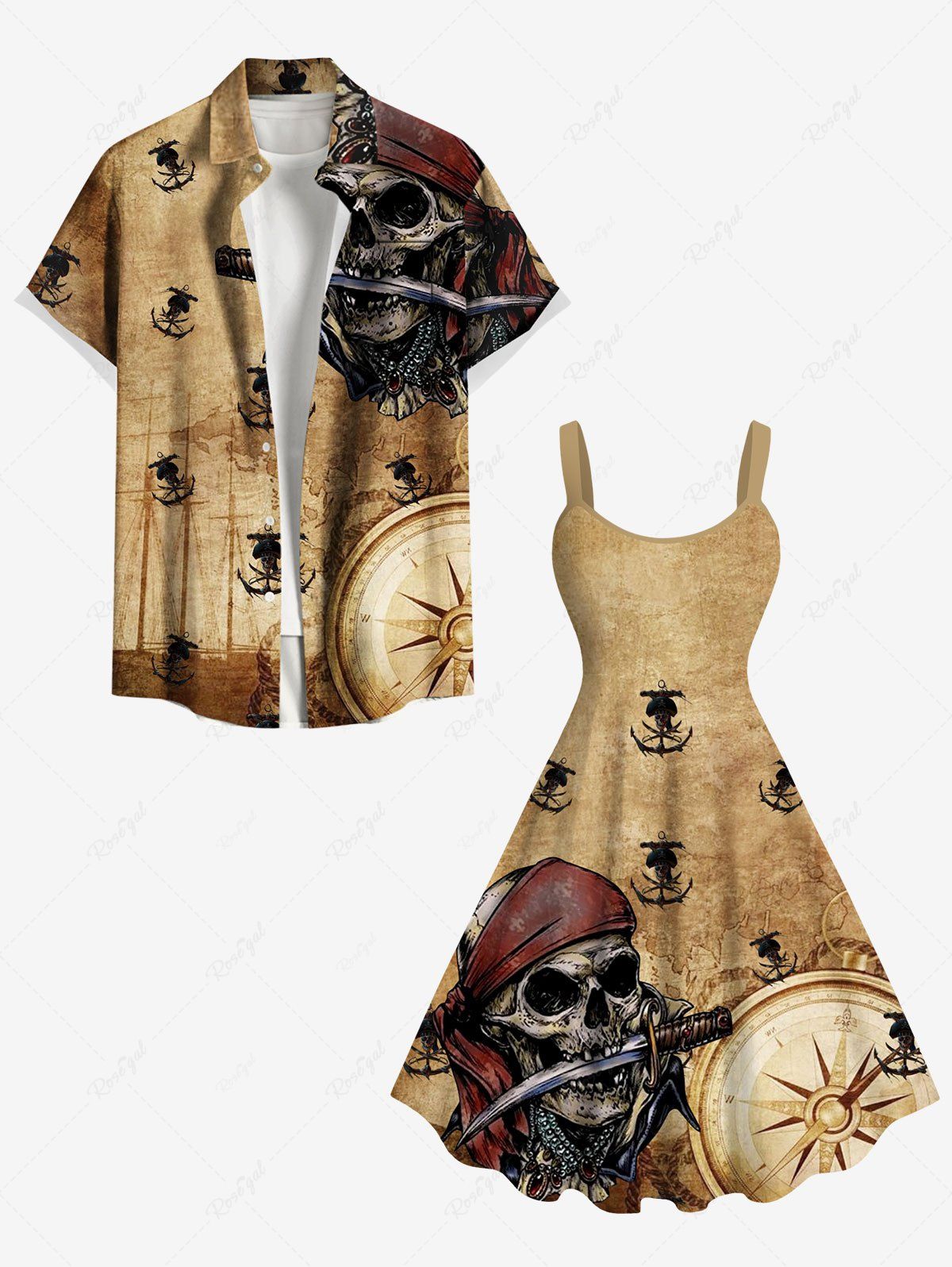Tenue de plage hawaïenne assortie grande taille pour couple, motif tête de mort, bateau pirate, gouvernail, ancre, croisière café 