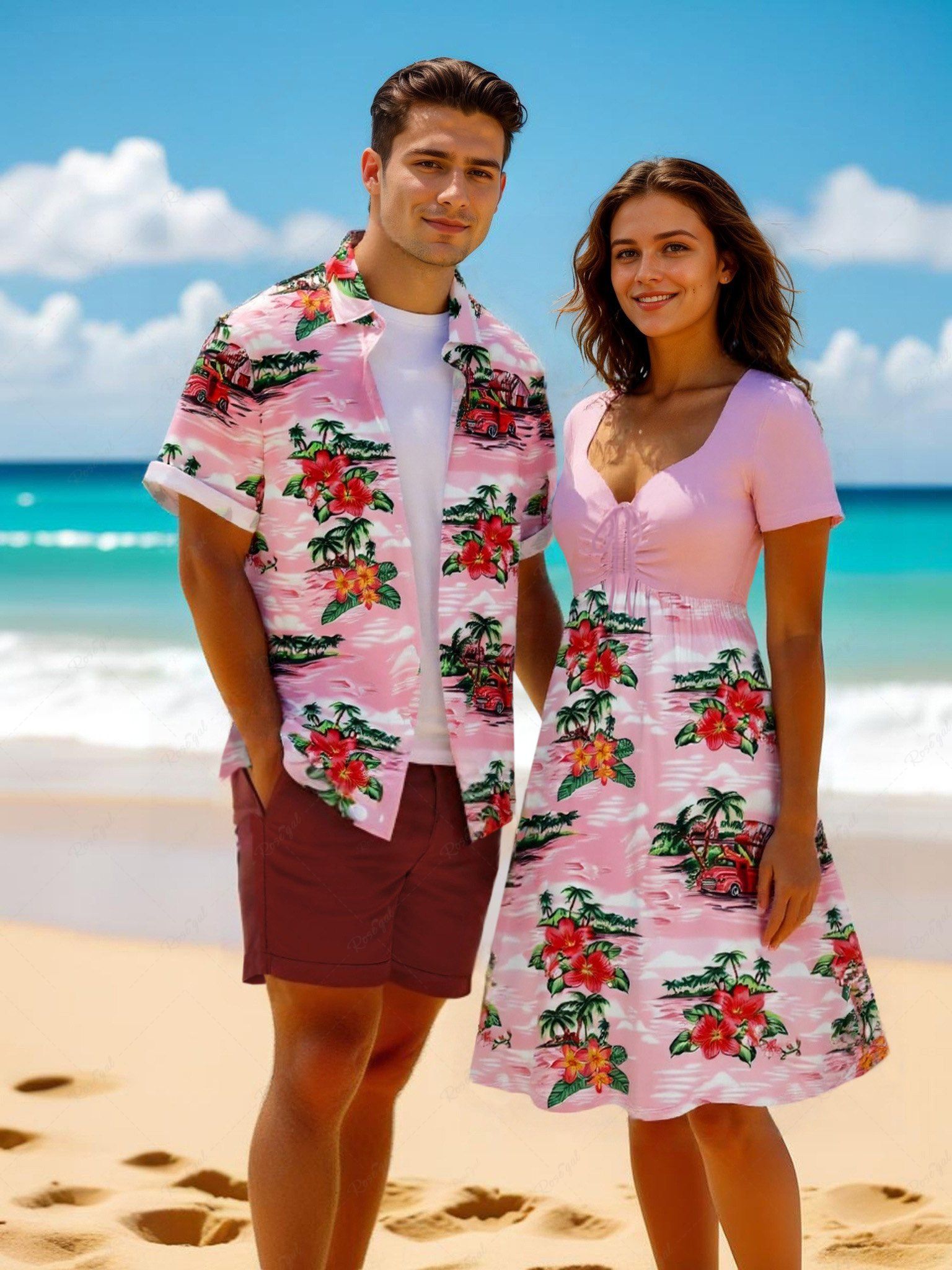 Tenue de plage hawaïenne assortie grande taille avec imprimé cocotier, fleurs d'hibiscus et voiture pour couples Rose clair 