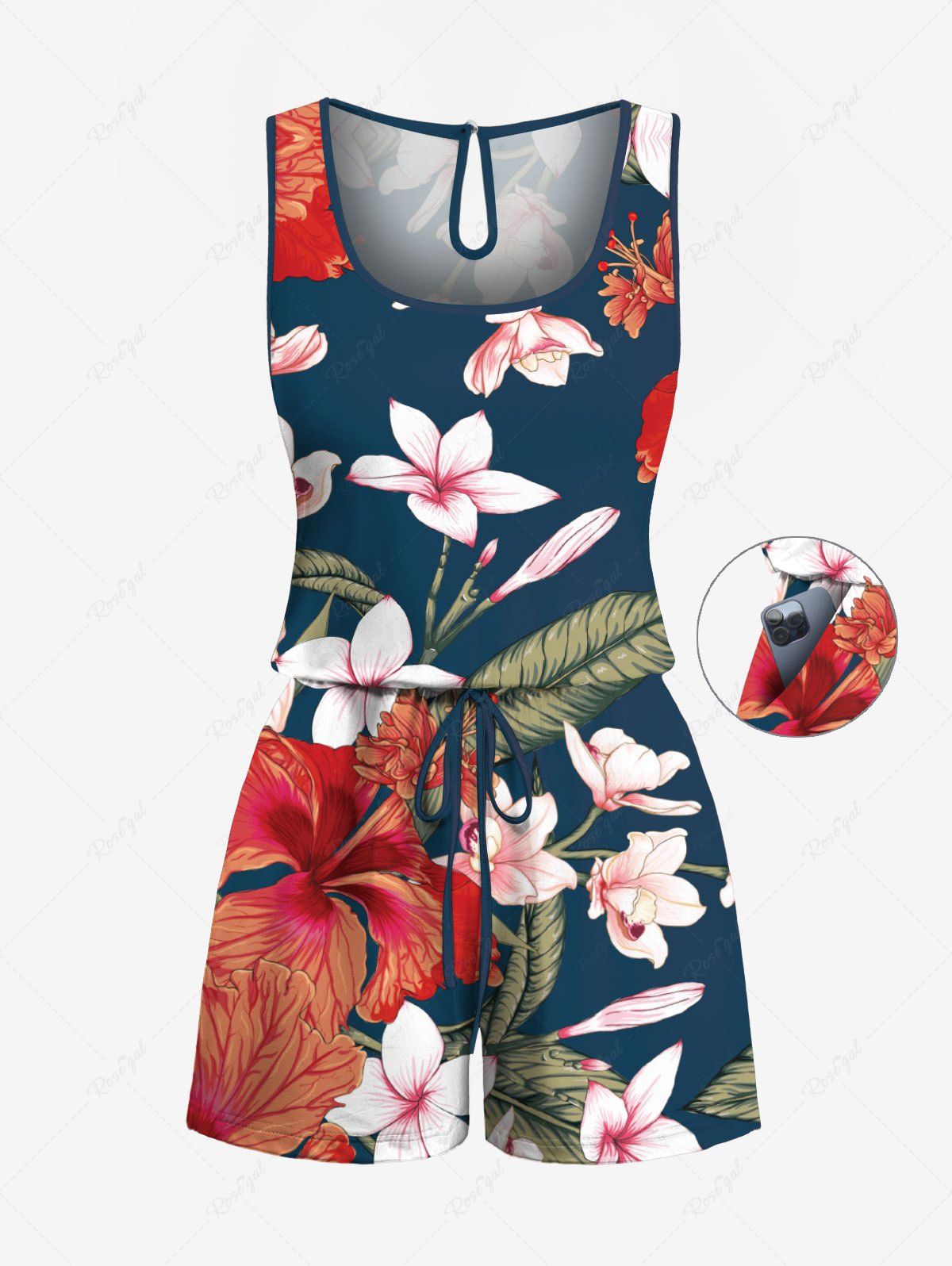 Combinaison hawaïenne cintrée grande taille à imprimé tropical, fleurs d'hibiscus et feuilles Rouge 5X