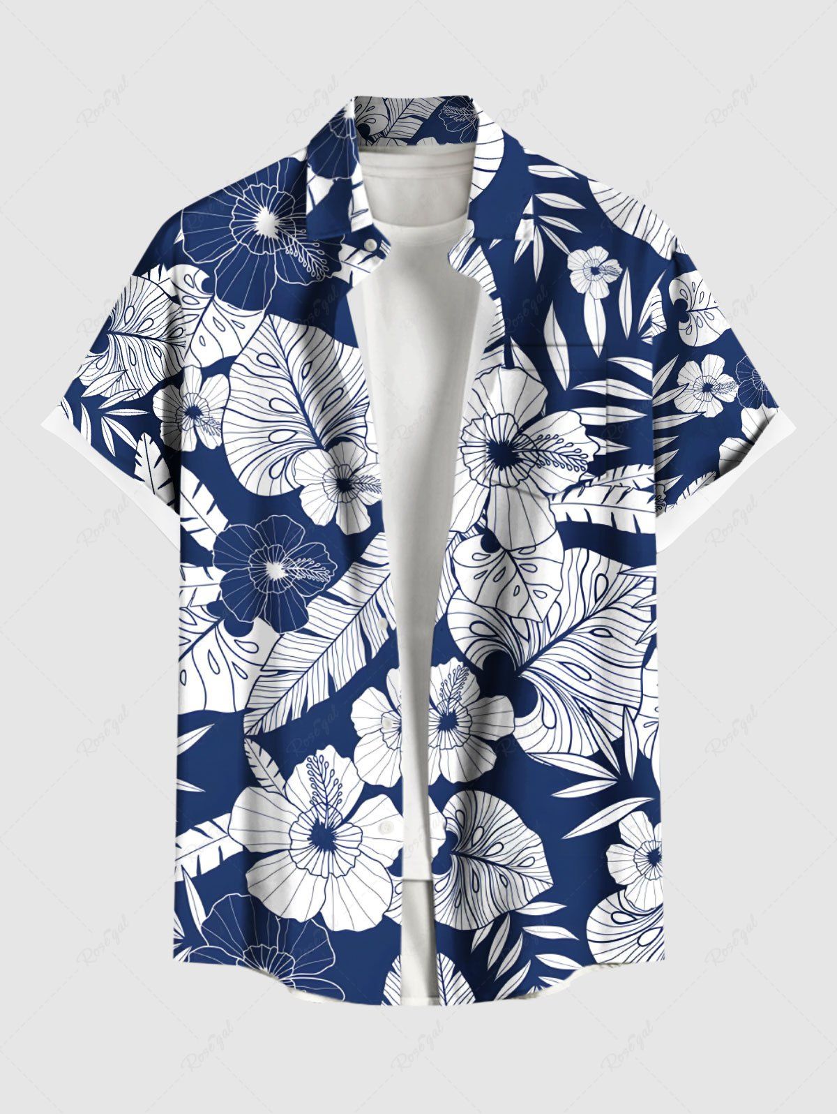 Chemise hawaïenne grande taille à imprimé feuilles tropicales et fleurs d'hibiscus, avec poches et boutons, pour homme Bleu profond 4XL
