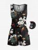 Ensemble chemise et barboteuse hawaïennes assorties, grande taille, tenue de plage à imprimé feuilles tropicales et fleurs pour couples - Noir 
