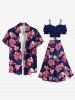 Tenue de plage hawaïenne assortie grande taille à imprimé floral hibiscus rayé pour couples - Bleu profond 
