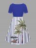 Robe trapèze cintrée hawaïenne grande taille à rayures et imprimé parquet, avec chaises longues et cocotiers - Bleu profond XXS