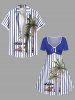 Robe trapèze cintrée hawaïenne grande taille à rayures et imprimé parquet, avec chaises longues et cocotiers - Bleu profond L