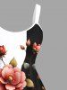 Plus Size Flower Leaf Branch Contrast Colorblock Print Hawaii A Line Tank Dress -  