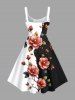 Plus Size Flower Leaf Branch Contrast Colorblock Print Hawaii A Line Tank Dress -  