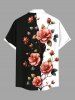 Plus Size Floral Leaves Branch Contrast Colorblock Print Hawaii Button Pocket Shirt For Men -  