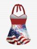 Patriotic American Flag Fireworks Print Twist Halter Backless Tankini Top -  