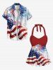 Patriotic American Flag Fireworks Print Twist Halter Backless Tankini Top -  
