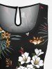 Plus Size Tropical Leaf Flower Print Hawaii Drawstring Pocket Romper -  