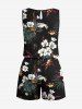 Plus Size Tropical Leaf Flower Print Hawaii Drawstring Pocket Romper -  
