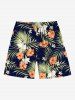 Plus Size Tropical Leaves Hibiscus Floral Print Hawaii Drawstring Beach Shorts For Men -  
