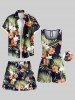 Plus Size Tropical Leaves Hibiscus Floral Print Hawaii Drawstring Beach Shorts For Men -  