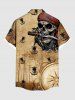 Chemise hawaïenne grande taille avec imprimé tête de mort, bateau pirate, gouvernail, ancre, croisière, boutons, poche, pour homme - café XL
