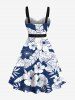 Plus Size Tropical Leaf Hibiscus Flower Print Buttons Turn Down Collar Hawaii Dress With Belt -  