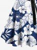 Plus Size Tropical Leaf Hibiscus Flower Print Buttons Turn Down Collar Hawaii Dress With Belt -  