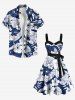 Plus Size Tropical Leaf Hibiscus Flower Print Buttons Turn Down Collar Hawaii Dress With Belt -  