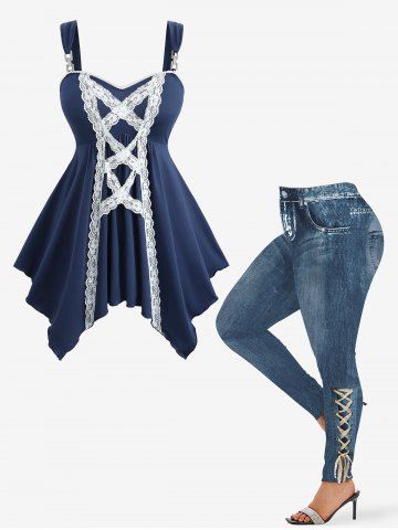 Ensemble haut mouchoir bicolore à lacets et legging skinny en denim imprimé ombré grande taille - BLUE