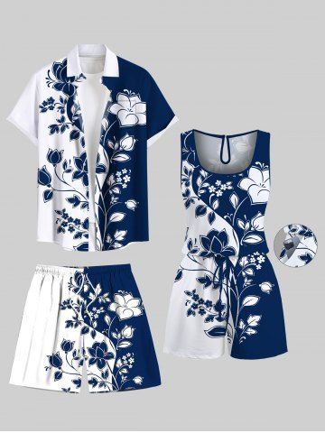 Matching Hawaii Shirt Shorts and Romper Plus Size Beach Outfit Two Tone Flower Branch Curve Print For Couples