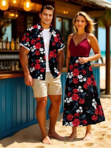 Two Tone Flower Ombre Leaf Print Plus Size Matching Hawaii Beach Outfit For Couples