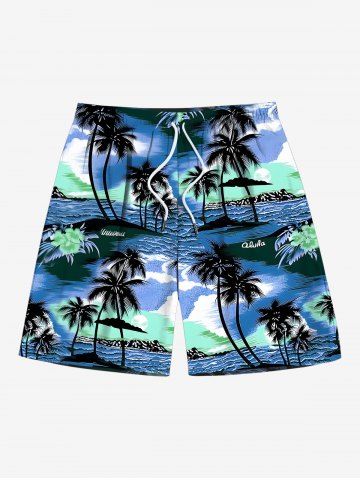 Plus Size Coconut Tree Sea Seascape Print Hawaii Drawstring Beach Shorts For Men - BLUE - 7XL