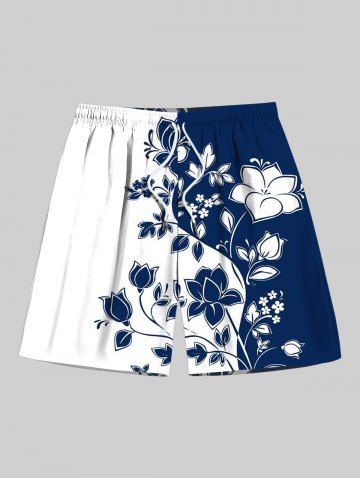 Plus Size Two Tone Floral Leaves Branch Print Hawaii Drawstring Beach Shorts For Men - BLUE - 7XL