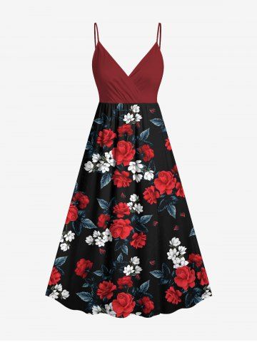 Plus Size Two Tone Floral Ombre Leaves Print Hawaii Surplice A Line Cami Dress - RED - 4X