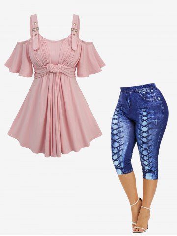 Ensemble haut côtelé en jacquard torsadé à épaules dénudées et legging capri imprimé jean à lacets 3D, grande taille - LIGHT PINK
