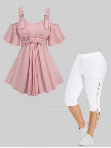Twist Jacquard Cold Shoulder Ribbed Top and Lace Up Capri Pants Plus Size Outfit - LIGHT PINK