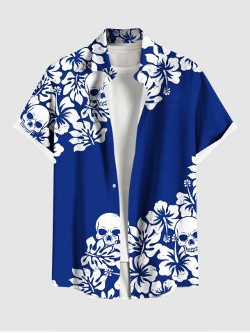 Plus Size Skulls Hibiscus Flower Leaf Tropical Print Buttons Pocket Hawaii Shirt For Men - GRAY - M