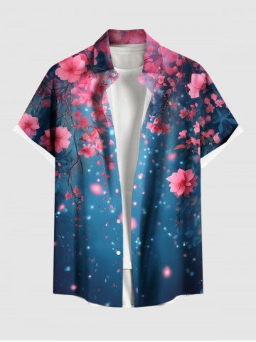 Plus Size Flowers Star Galaxy Print Buttons Pocket Hawaii Shirt For Men - BLUE - S