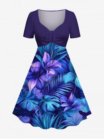 Plus Size Flower Leaf Tropical Print Cinched Hawaii Dress - BLUE - 3X