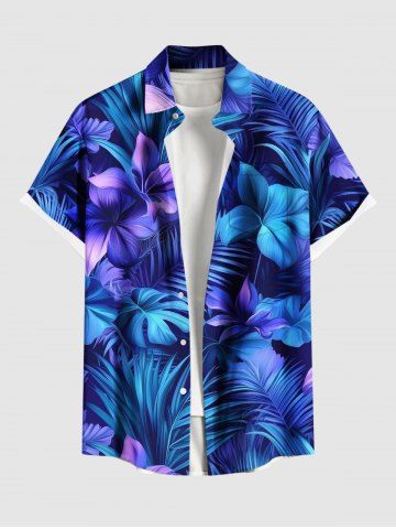 Plus Size Flower Leaf Tropical Print Buttons Pocket Hawaii Shirt For Men - BLUE - 5XL