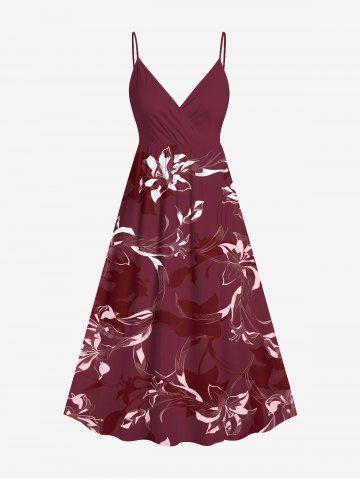 Plus Size Flowers Leaf Tropical Print Surplice Hawaii Cami Dress - RED - XS