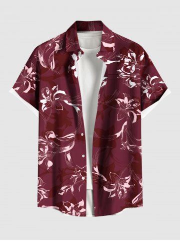 Plus Size Flowers Leaf Tropical Print Buttons Pocket Hawaii Shirt For Men - RED - L