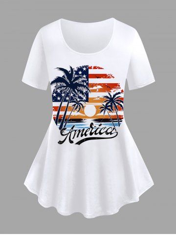 Plus Size Coconut Tree Sun Seascape Print Hawaii T-shirt - WHITE - M